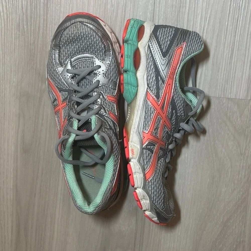ASICS Running Shoes Womens 8.5 Gray Coral Teal Lace Up Athletic Sneakers